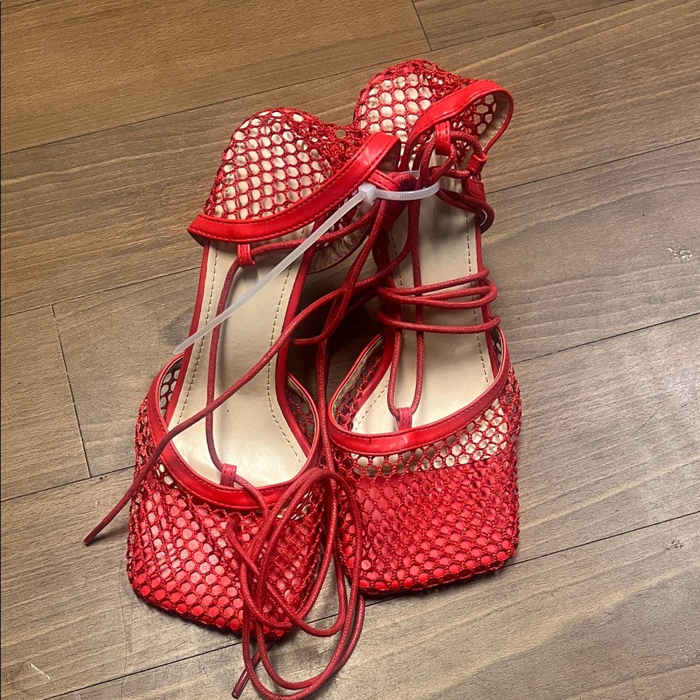 Red Mesh Lace-Up Women's Shoes